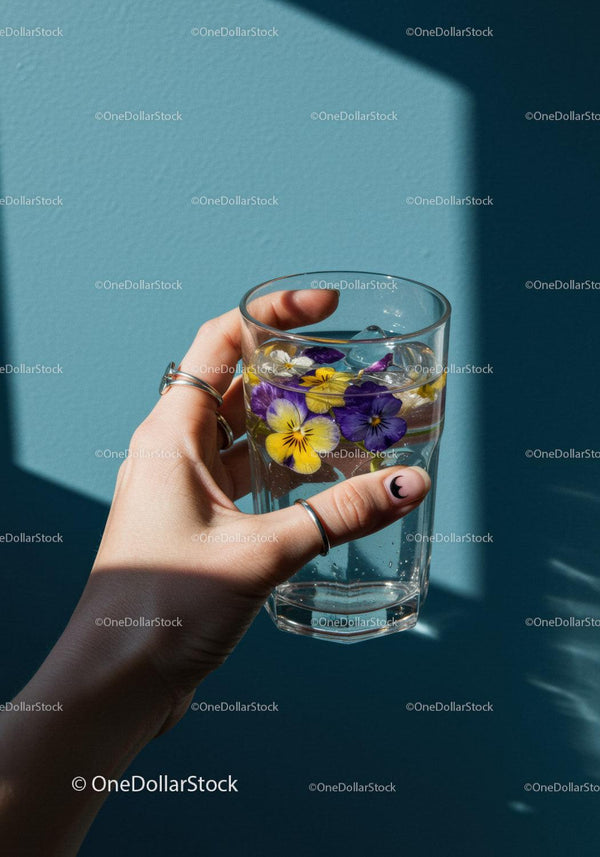 Hand Holding Glass of Water with Floating Pansy Flowers
