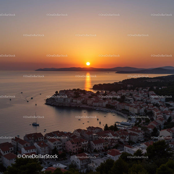 Beautiful Sunset Over Coastal Village with Red Roofs and Calm Sea