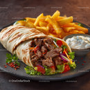Beef Wrap with Fresh Vegetables and French Fries on Black Plate