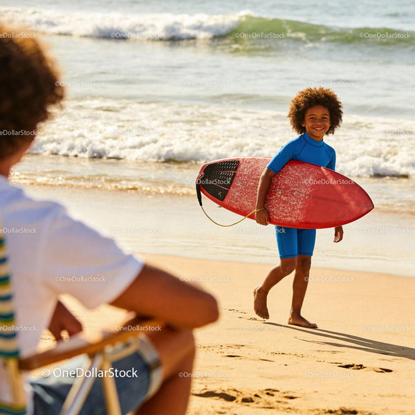 Uśmiechnięty chłopiec idący po plaży z czerwonym deską surfingową