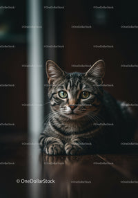 Calm tabby cat resting on polished wooden floor