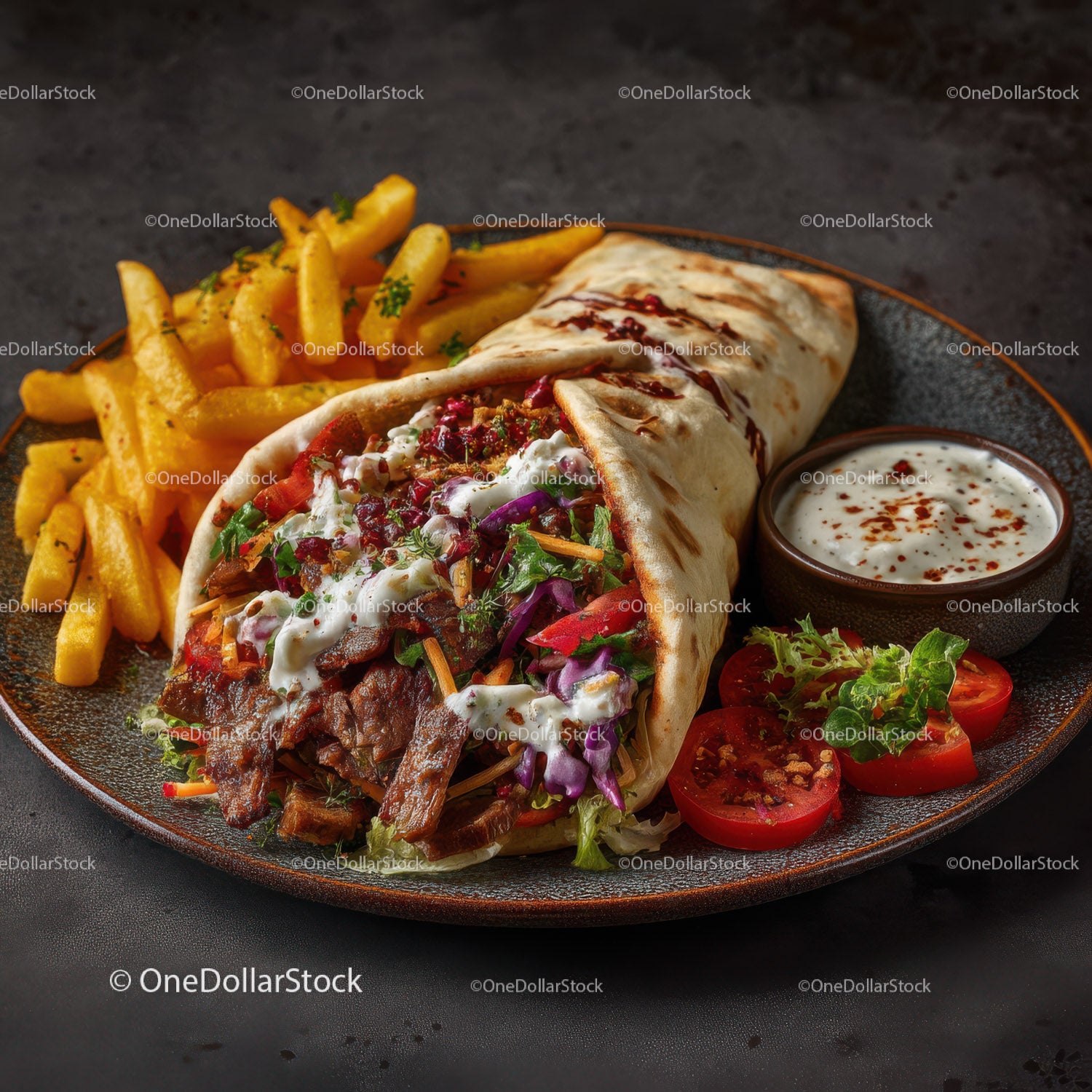Beef Burrito with French Fries and Fresh Tomato Slices