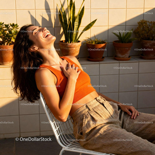 Young woman enjoying sunlight on cozy balcony