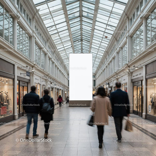 People walking through bright indoor shopping arcade JPG Mockup Image