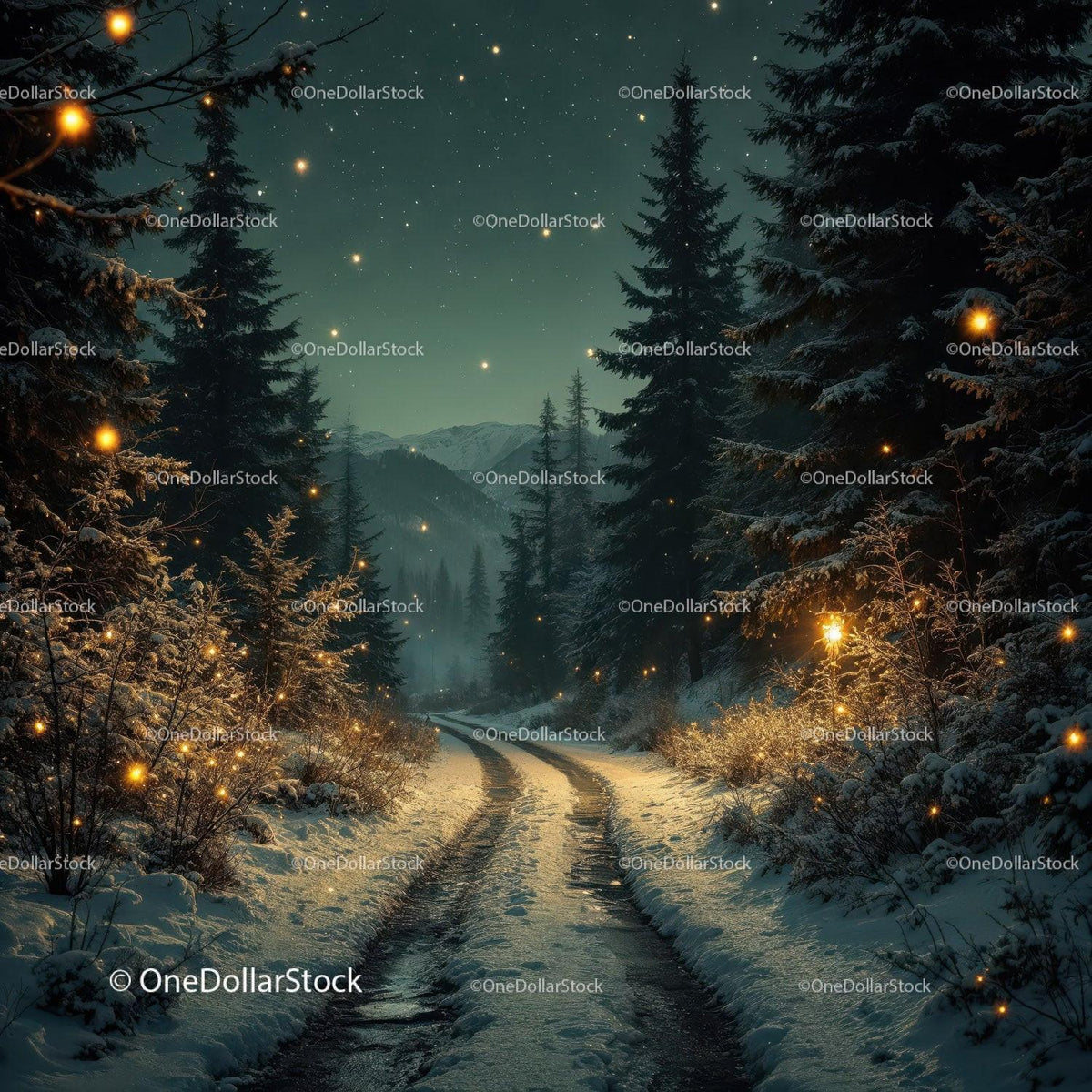 Snowy forest path illuminated by warm glowing lights