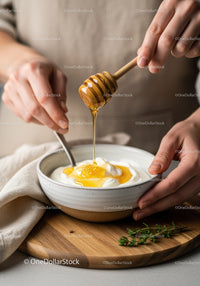 Honey Drizzling Over Yogurt With Natural Honey Dipper and Fresh Food