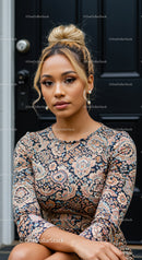 Thoughtful young woman in patterned dress sitting outdoors