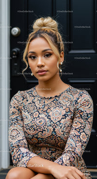 Thoughtful young woman in patterned dress sitting outdoors