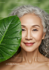 Vibrant Elderly Woman with Gray Hair and Green Leaf in Nature