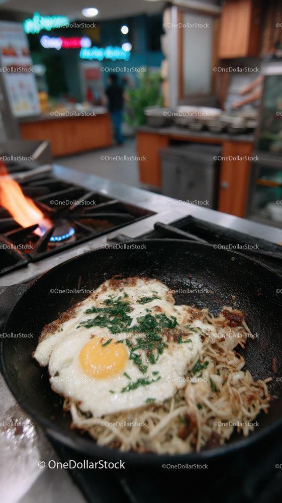 Jajko sadzone z makaronem na patelni żeliwnej w kuchni gastronomicznej