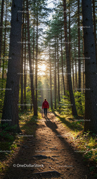 Sunlit Forest Trail with Tall Trees and Hiker During Daylight
