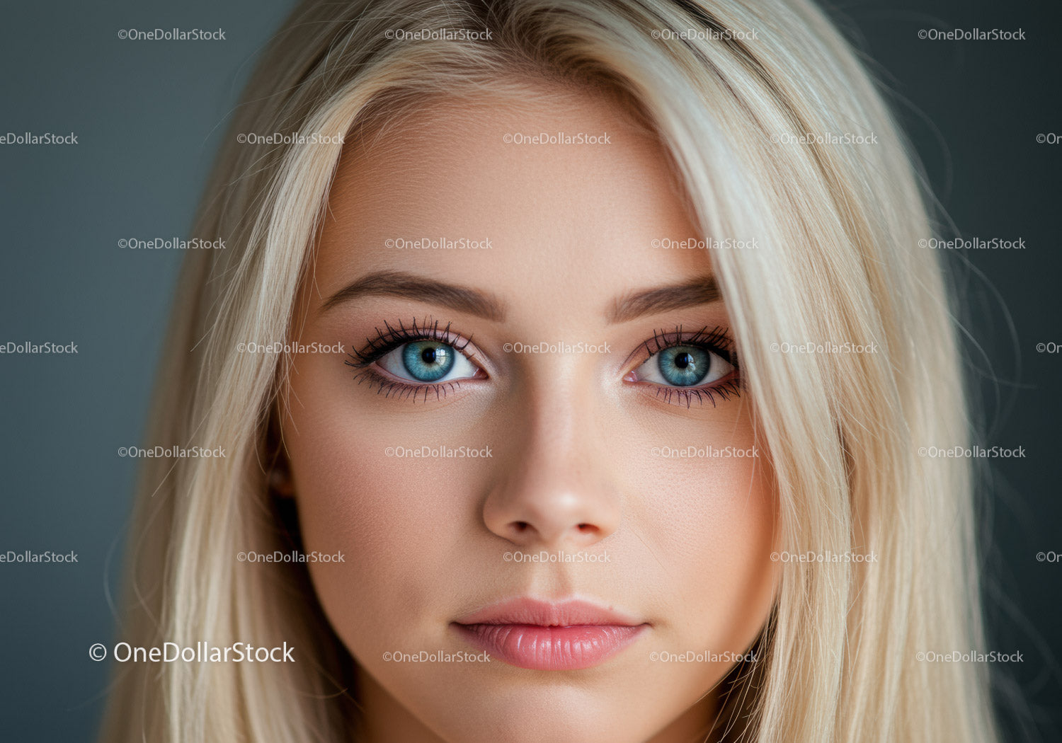 Close up portrait of a young blonde woman with blue eyes