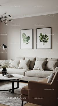 Minimalist Living Room with Botanical Wall Art and Cozy Decor