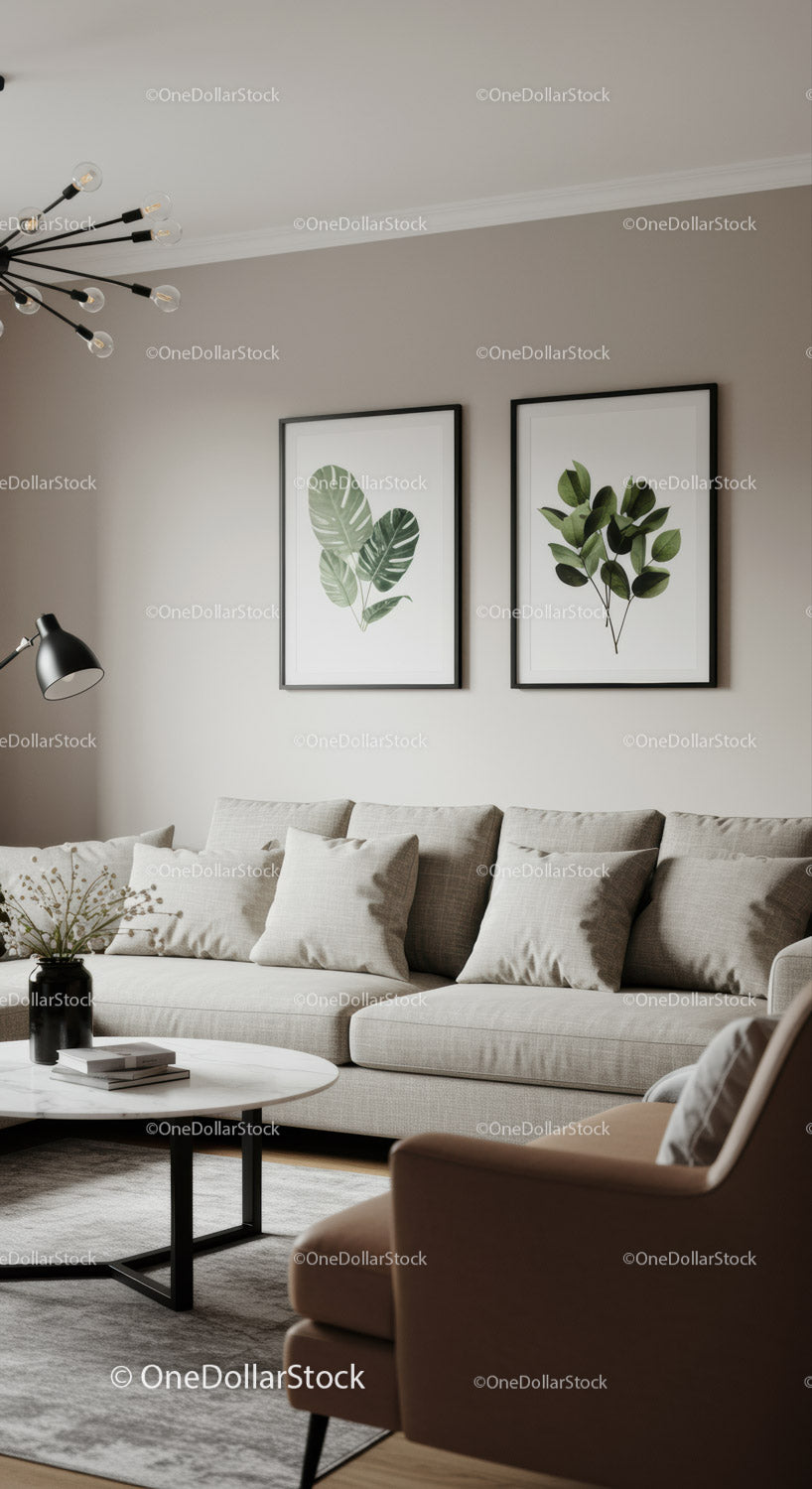 Minimalist Living Room with Botanical Wall Art and Cozy Decor
