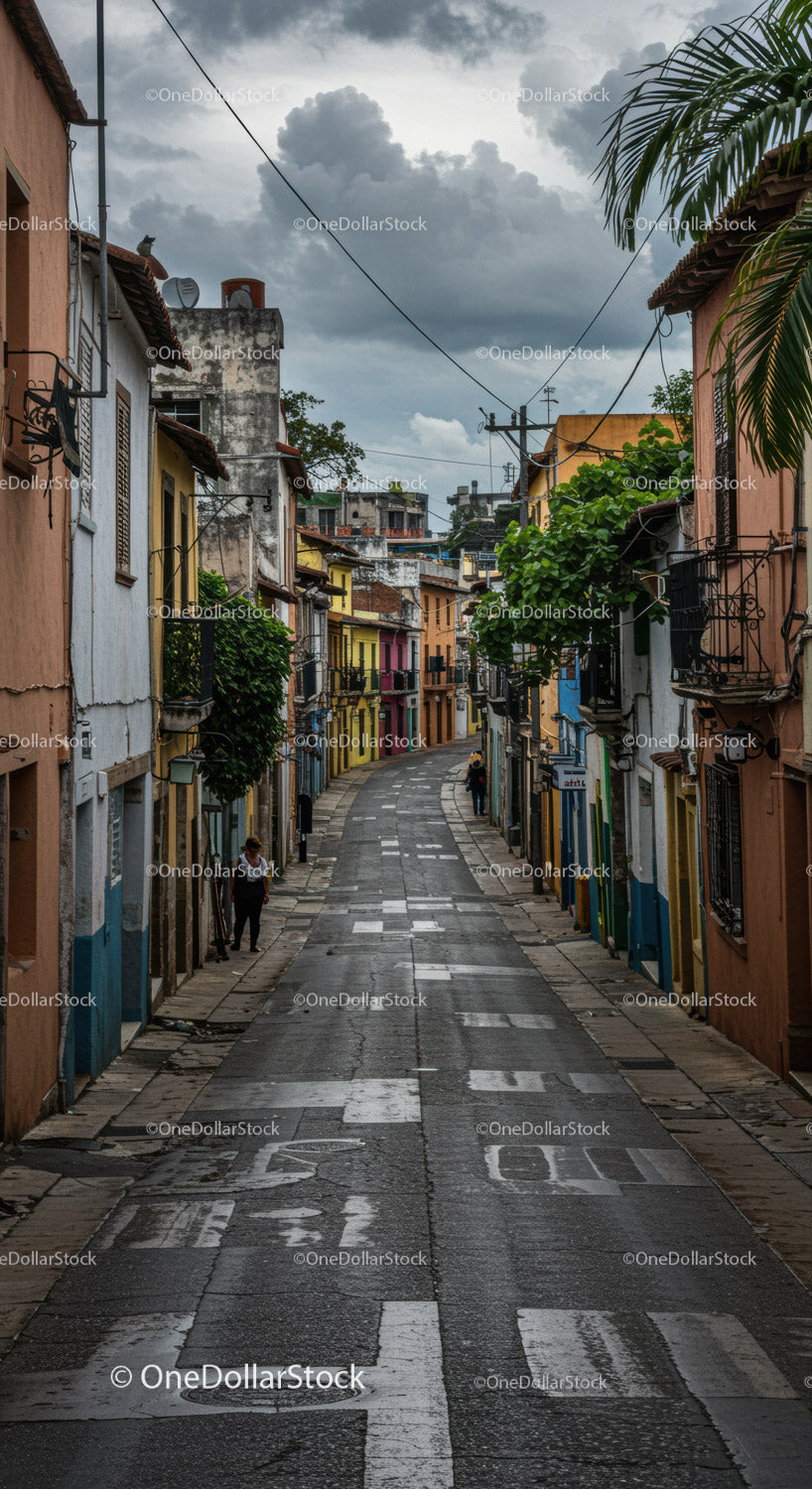 Colorful Neighborhood with Winding Street and Vibrant Houses