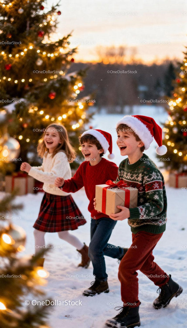 Children joyfully celebrating Christmas outdoors in snow
