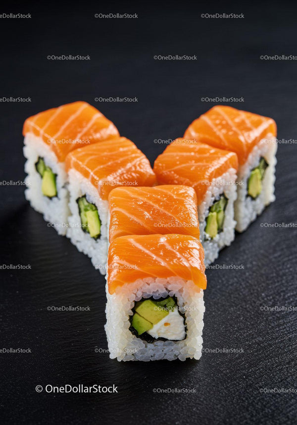 Fresh salmon sushi rolls with avocado on black plate