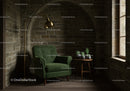 Cozy green armchair corner with indoor plants and soft light