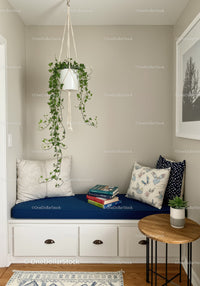 Cozy Reading Nook with Hanging Plant and Cushioned Seating in Modern Home