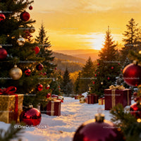 Snowy Path Decorated with Christmas Trees and Gifts at Sunset