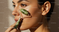 Close-up of woman with Asian features using jade roller for facial massage