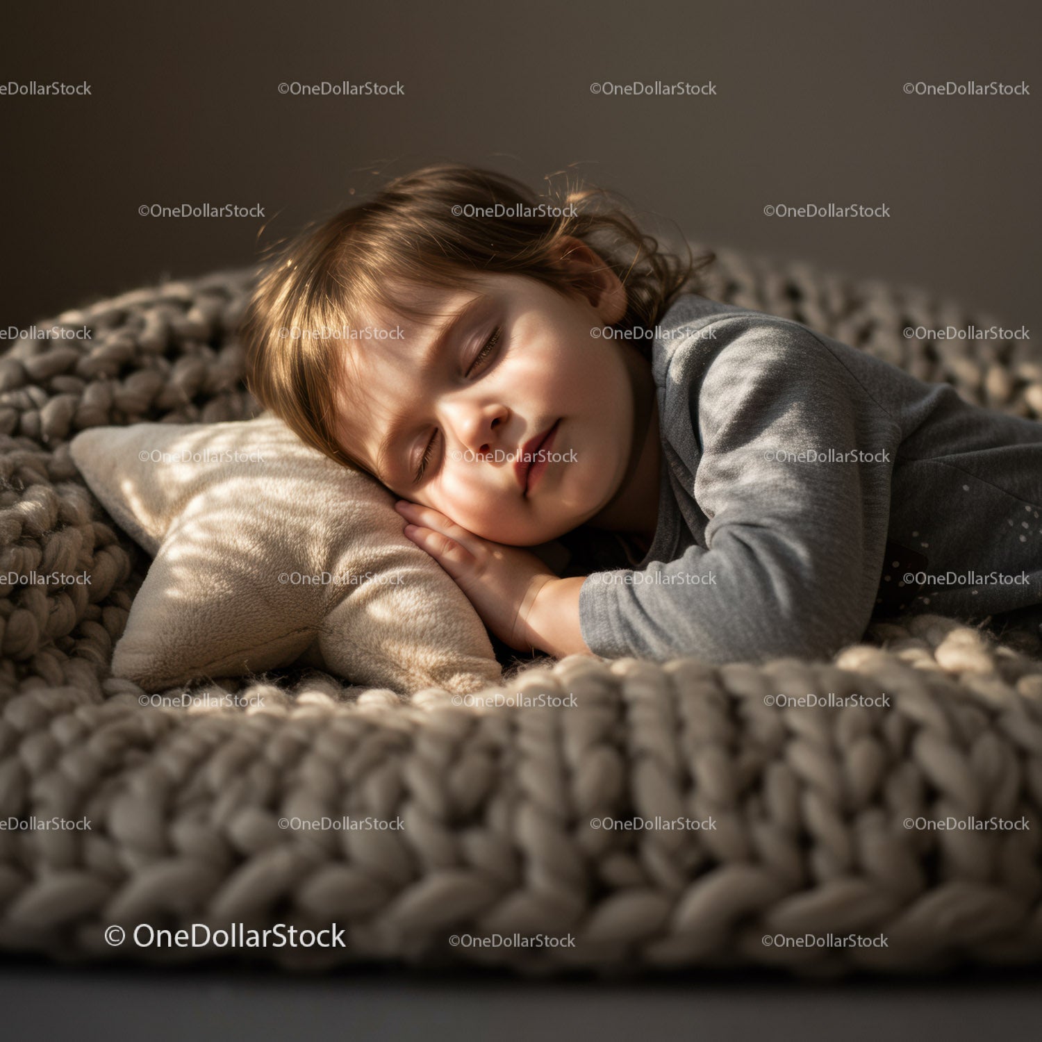 Peaceful toddler sleeping on soft knitted blanket