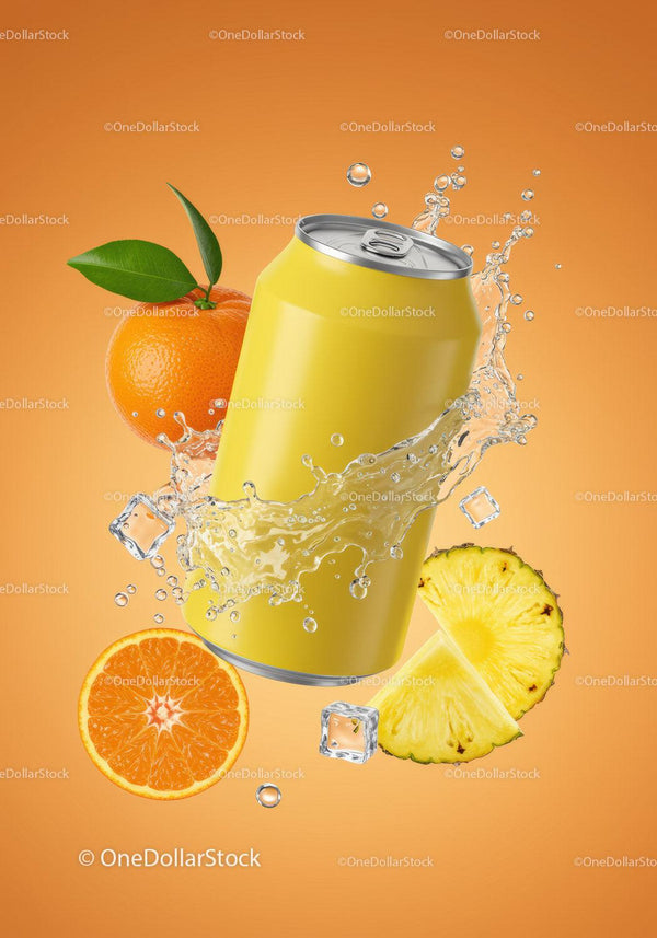 Refreshing citrus soda can with fruit and splash JPG Mockup Image