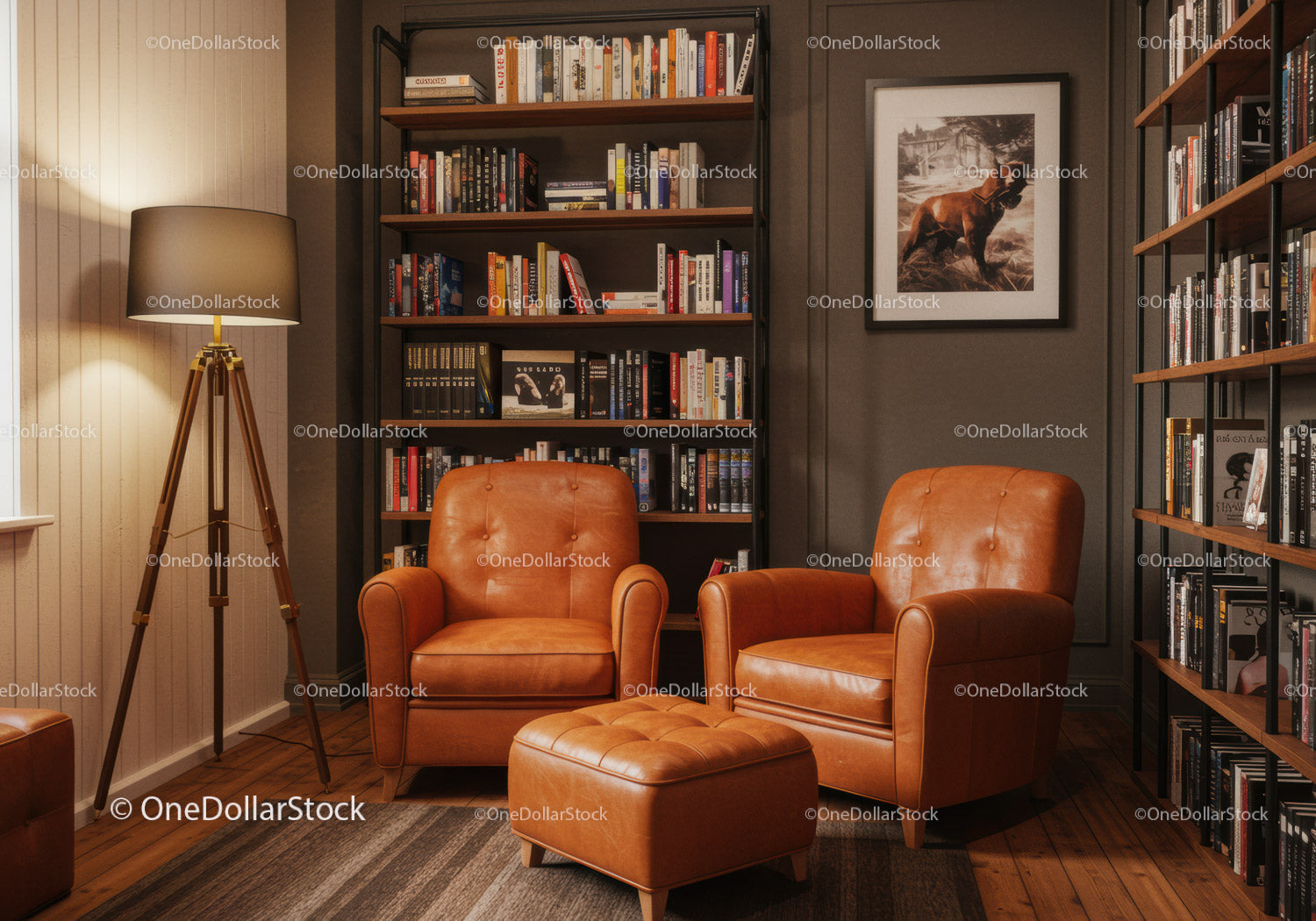 Cozy leather armchairs in a stylish home library