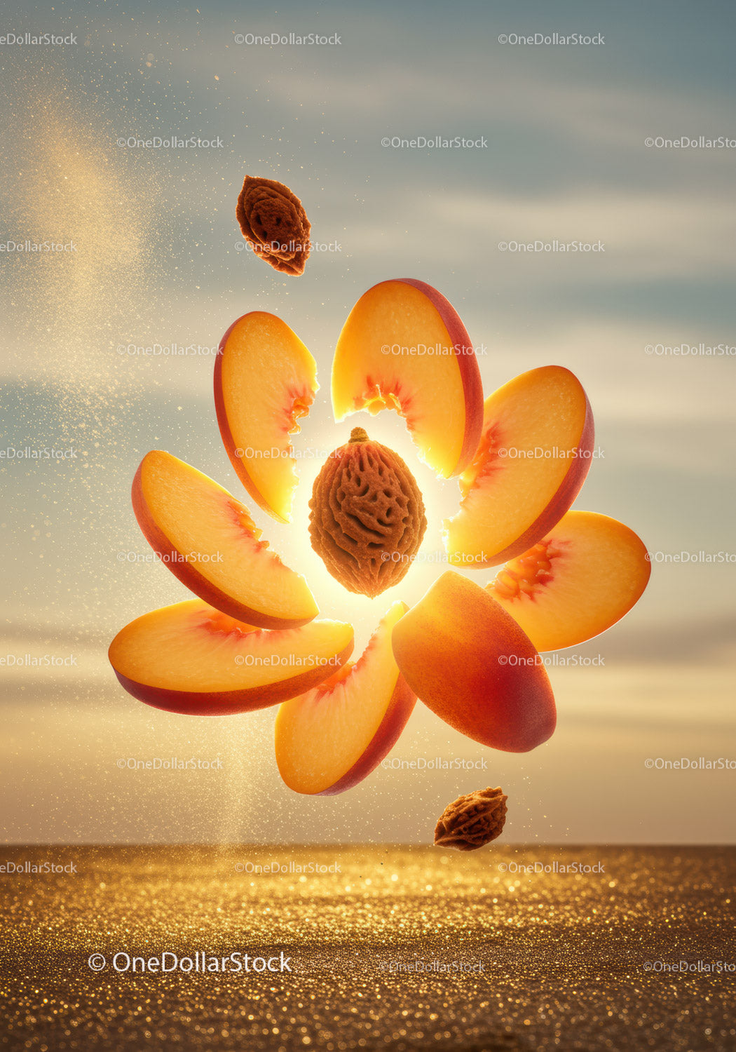 Floating Sliced Peach with Stone Against Warm Sky