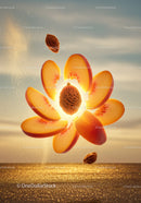 Floating Sliced Peach with Stone Against Warm Sky