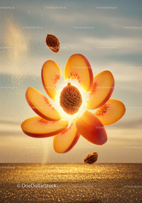Floating Sliced Peach with Stone Against Warm Sky