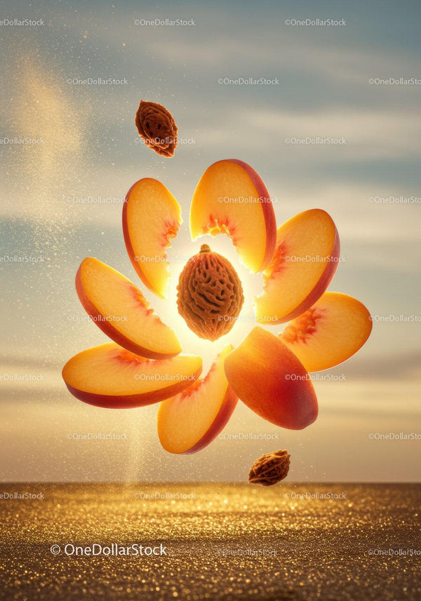Floating Sliced Peach with Stone Against Warm Sky