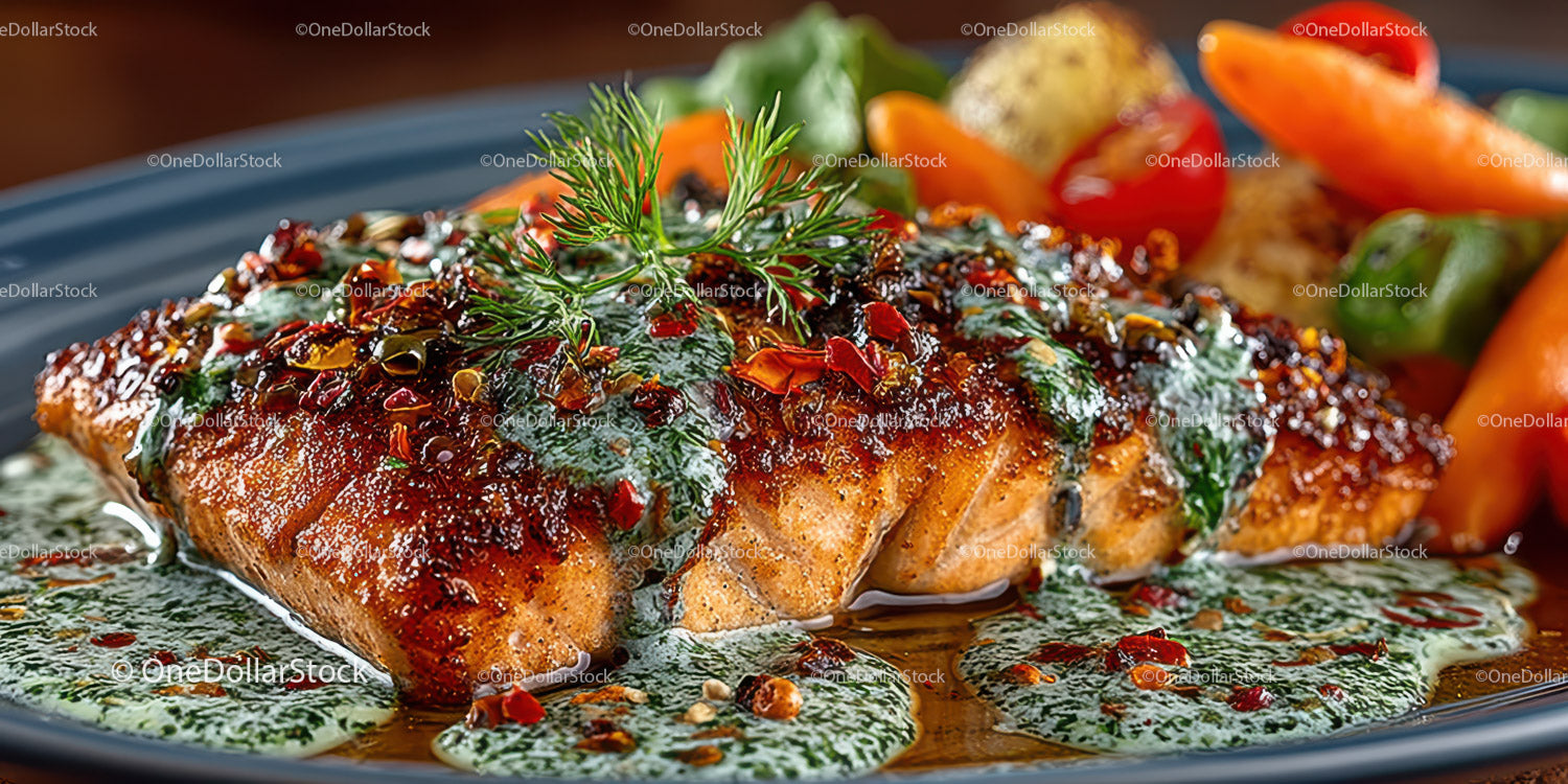 Fresh Salmon Fillet with Herb Sauce and Roasted Vegetables