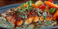 Fresh Salmon Fillet with Herb Sauce and Roasted Vegetables