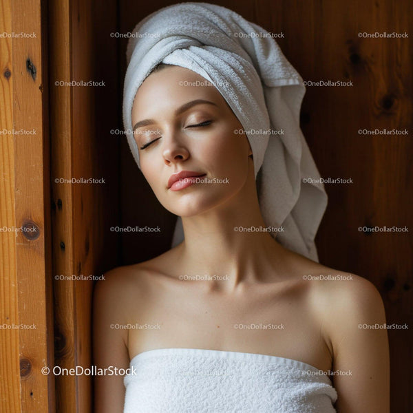 Zrelaksowana kobieta owinięta ręcznikiem w spa na tle drewnianej ściany