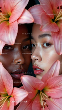 Two Women Framed by Delicate Pink Lilies