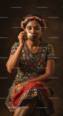 Woman in Floral Dress with Traditional Headpiece Holding Shell