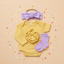 Yellow Baby Onesie with Purple Socks and Headband