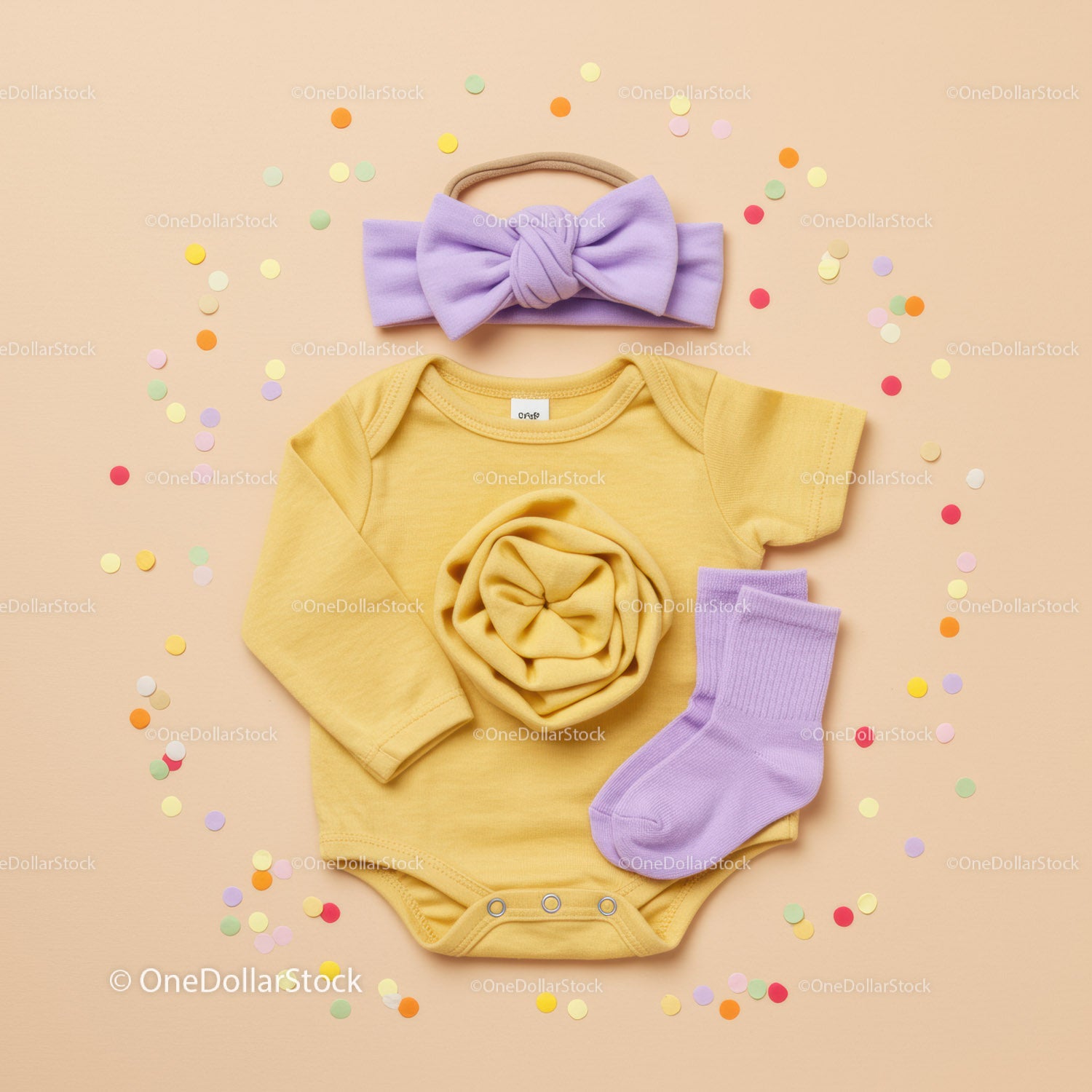 Yellow Baby Onesie with Purple Socks and Headband