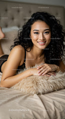 Smiling woman relaxing on cozy bed with fluffy pillow