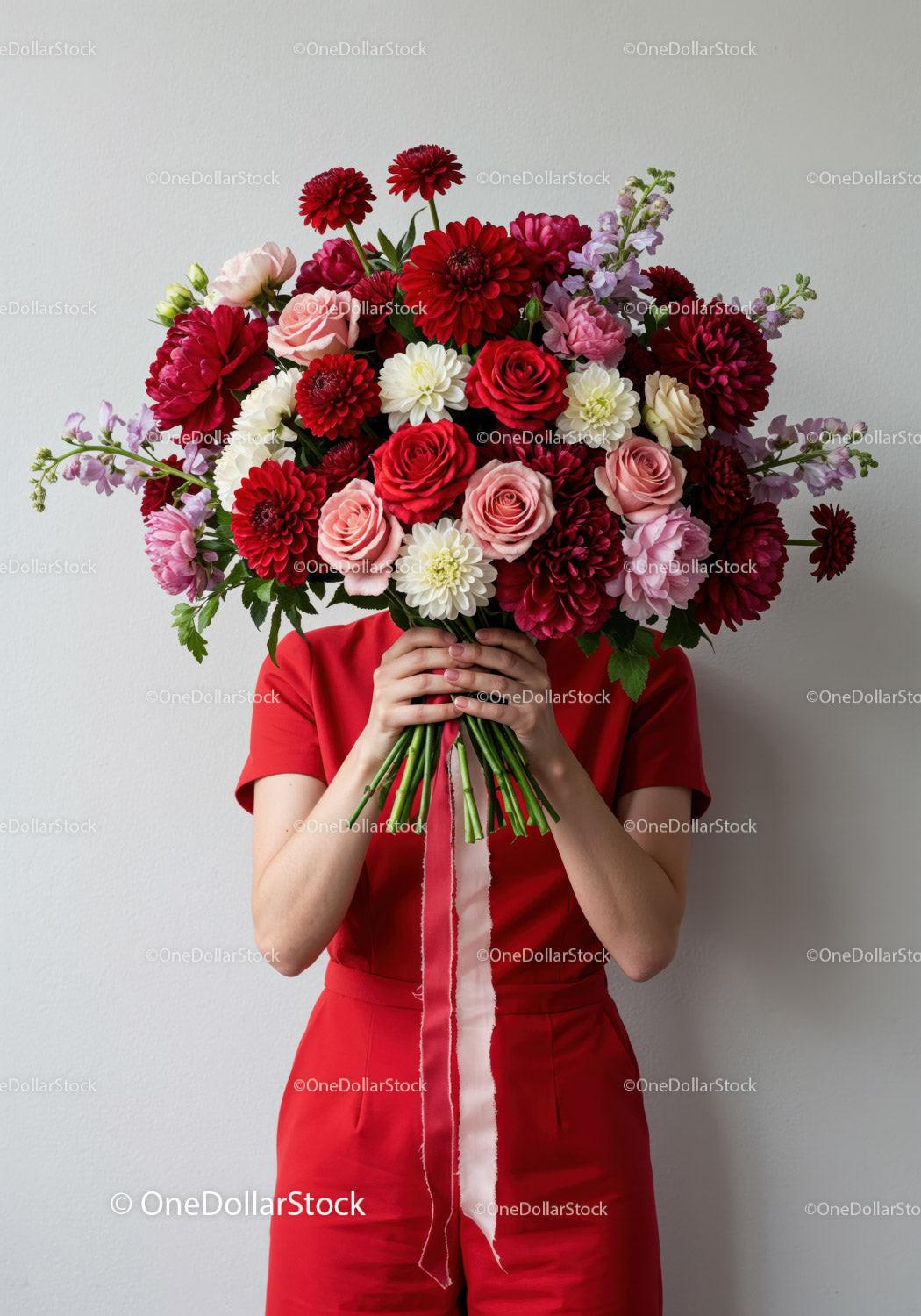 Woman in red holding vibrant mixed flower bouquet