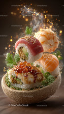 Colorful Sushi Platter with Salmon Tuna Eel and Vegetables