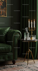 Elegant living room corner with green velvet sofa and candles