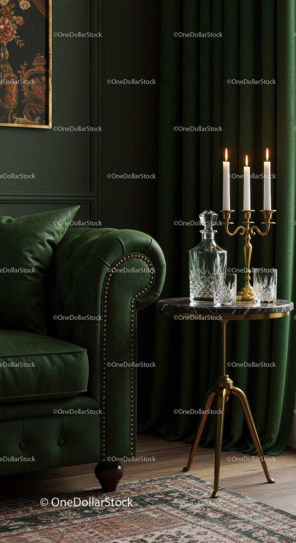 Elegant living room corner with green velvet sofa and candles
