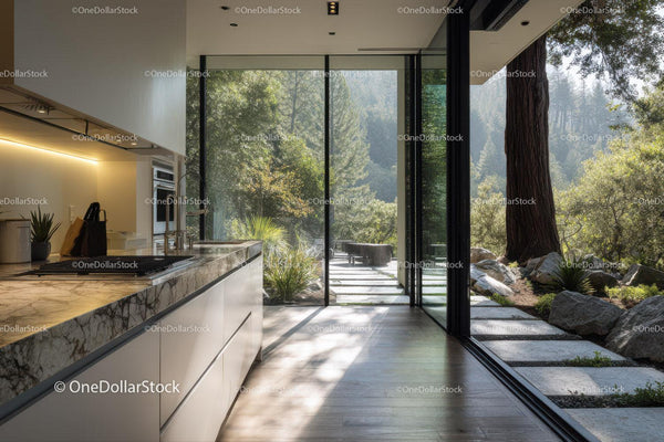 Contemporary Kitchen with Scenic Glass Doors and Greenery View