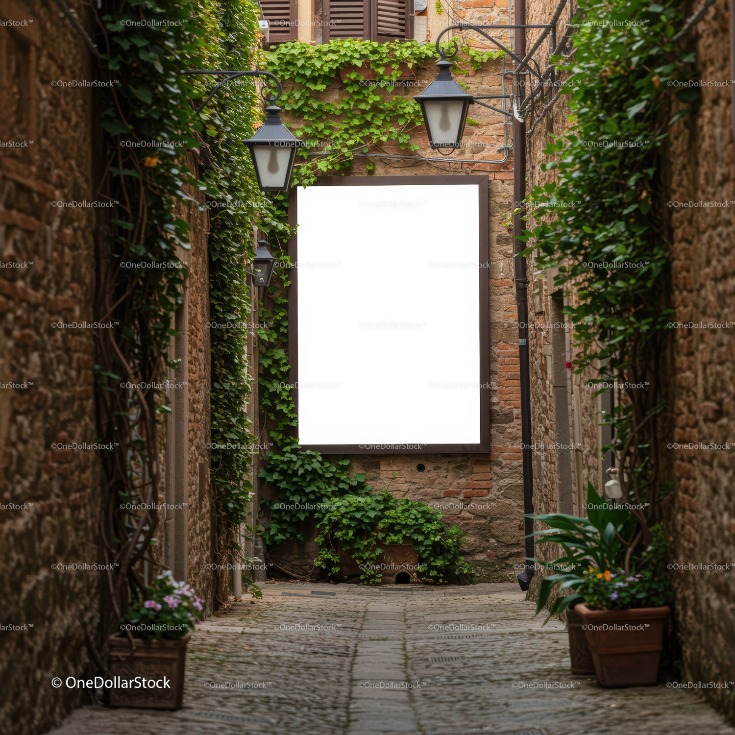 Narrow European Alleyway with Greenery and Lanterns