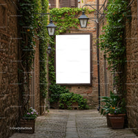 Narrow European Alleyway with Greenery and Lanterns