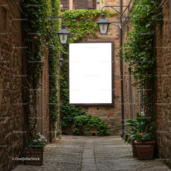 Narrow European Alleyway with Greenery and Lanterns JPG Mockup Image