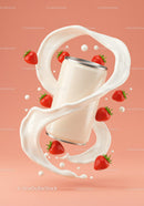 White can surrounded by splashing milk and fresh strawberries