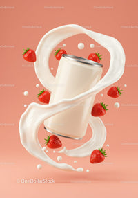 White can surrounded by splashing milk and fresh strawberries